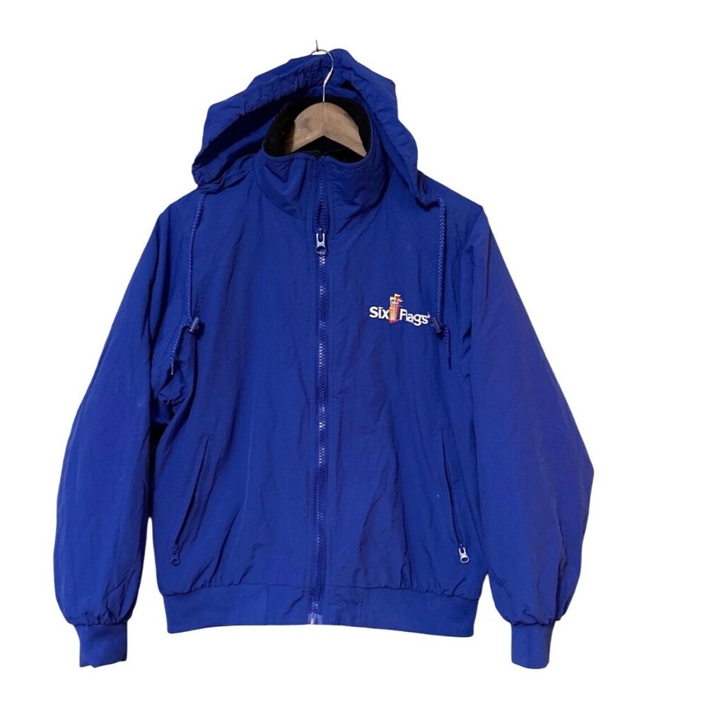 Six Flags Blue Hooded Jacket XS Nylon Shell Polyester Fleece Lining Full Zip Vin
